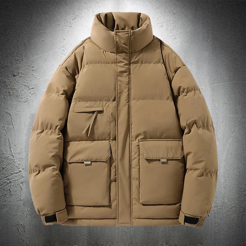 남성용 브라운 퍼퍼 재킷, 스탠드 칼라, 남성용 의류, 2023 면 패딩 재킷, 남성용 스트리트웨어, 두껍고 따뜻한 코트